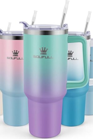 40 oz Tumbler with Handle and Straw Lid, 100% Leak-proof Travel Coffee Mug, Stainless Steel Insulated Cup for Hot Cold Beverages, Keeps Cold for 34Hrs or Hot for 10Hrs, Dishwasher Safe (GreenPurple)