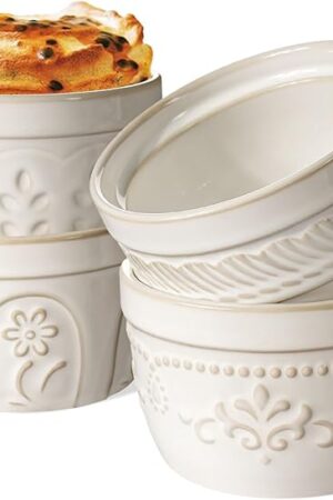 Artena Ramekins Oven Safe, Creme Brulee Ramekins, Embossed White Ceramic Ramiken, Souffle Pudding Custard Cups, Baking Dish, Dipping Bowls, Sauce Cups, Set Of 4 (Multiple Patterns, 8 oz)