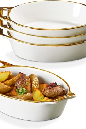 Au Gratin Baking Dish, Ceramic Oval Baking Dishes with Handles, 20 oz Small Casserole Dishes for Oven, 6x8 Individual Baking Dishes for Oven, Single Serving Dishes for 1-2 People, Set of 4, Brown Rim
