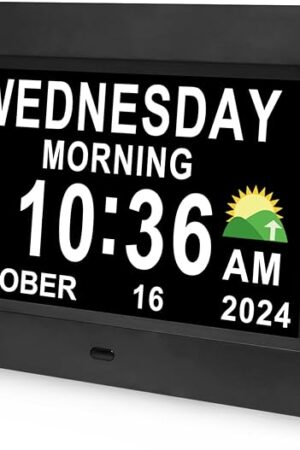 Digital Calendar Dementia Alarm Clock with Day and Date for Elderly - 15 Alarms 5 Colors Display Large Display Alzheimers Clock Large Digital Clock for Seniors (7in Black)