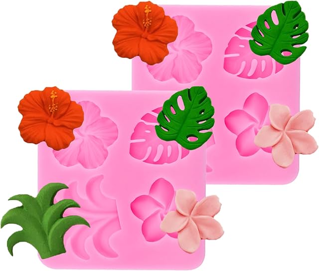 2 Pieces Tropical Flowers Leaves Mold, Flower Monstera Silicone Mold Plumeria Hibiscus Leaf Chocolate Fondant Mold for Chocolate Candy Baking Cakes Decorating