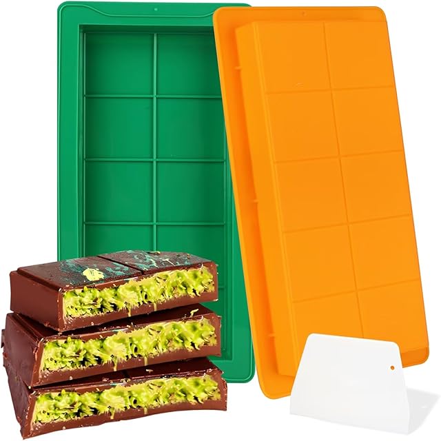 Dubai Chocolate Bar Mold, 2 Pack Deep With 1 Scraper, 1 Inch Deep for Filling Dubai Knafeh Pistachio, Green & Yellow