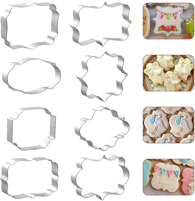 8 PCS Plaque Frame Cookie Cutters, Stainless Steel Plaque Plate Cookie Cutter Fondant Cake Decorating Tools for Birthday Wedding Baby Shower Christmas Cookies Fondant Decorations