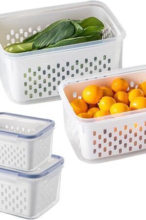 2 Pack Fruit Storage Containers for Fridge with Removable Colanders, Dishwasher & Microwave safe Produce Storage Containers with Lids Keep Fruits, Vegetables, Berry, Meat Fresh longer