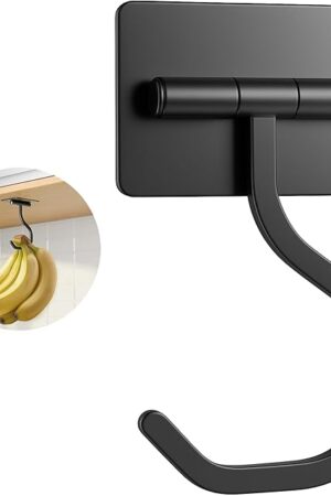 Banana Hook Under Cabinet - Adhesive Banana Hanger Under Counter, Metal Banana Holder Stand for Hanging Bananas or Kitchen Utensil, Keeps Bananas Fresh, Black, 1 Pack