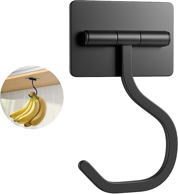 Banana Hook Under Cabinet - Adhesive Banana Hanger Under Counter, Metal Banana Holder Stand for Hanging Bananas or Kitchen Utensil, Keeps Bananas Fresh, Black, 1 Pack