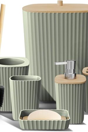 Clara Clark Bathroom Set - Sage Green Bathroom Accessories Set, 6PC Bathroom Accessory Set, Bathroom Sets with Toilet Brush, Trash Can & Soap Dispenser