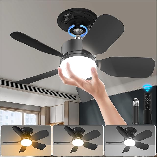 20" E26 Socket Fan Light with Remote, 30W 2000 Lumens, 3 Colors 3000-6000K Socket Breeze Ceiling Fan 6 Speed Wind Light Bulb Fan for Bedroom, Living Room, Kitchen, Laundry Room, Garage