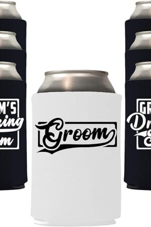 Veracco Groom's Drinking Team Can Coolie Holder Bachelor Party Wedding Favors Gift For Groomsmen Proposal (12, Wht Groom, Blk DT)