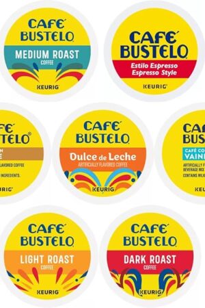 Cafe Bustelo K-cups Variety Pack Sampler Includes Espresso, Dark, Medium, Light, Dulce de Leche, Cafe Con Leche, And Cafe con Vanilla. 24 Count
