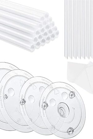 20 Plastic White Cake Sticks Dowel Rods, 4 Separator Plates 4, 6, 8, 10 Inch, 12 Clear Stacking Dowels, Different Patterns Cake Scrapers for Tiered Stacking, 9.4inch