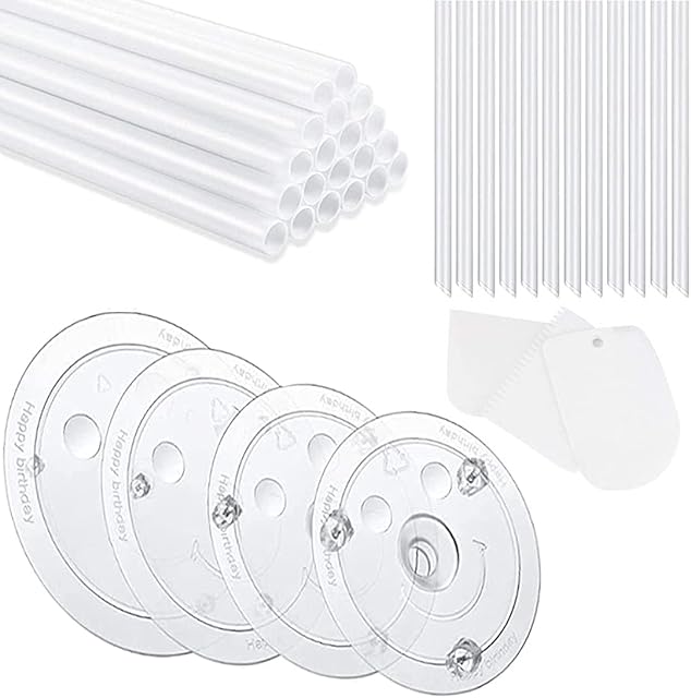20 Plastic White Cake Sticks Dowel Rods, 4 Separator Plates 4, 6, 8, 10 Inch, 12 Clear Stacking Dowels, Different Patterns Cake Scrapers for Tiered Stacking, 9.4inch