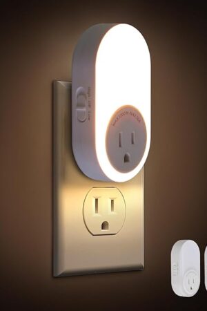 Dawnrise Night Lights Plug Into Wall, Dusk to Dawn Sensor Night Light with Power Outlet, CCT 2200K or 4000K, 5Lm or 20Lm Adjustable Brightness for Bedroom, Kitchen, Living Room, Office, 2PK