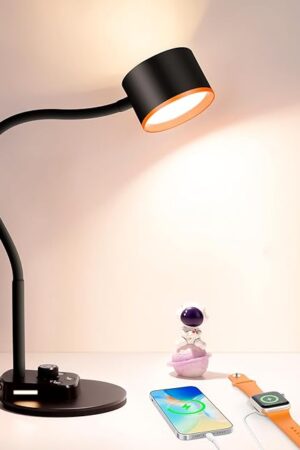 Desk Lamp, LED Desk Lamp with USB C + A Charging Ports, 5 Colors Fully Dimmable Eye Care Reading Lamp for Bedside Table Full Metal Efficient Gooseneck Table Lamp for Home Office Black