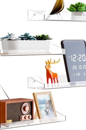 Yieach 4 Pack Acrylic Shelves for Bathroom Wall with Adhesive,No Drilling Floating Shelves,Room Decor,15" Wall Shelf Organizer for Lego,Action,Figure,Collectibles,Makeup,Perfume,Invisible Bookshelf