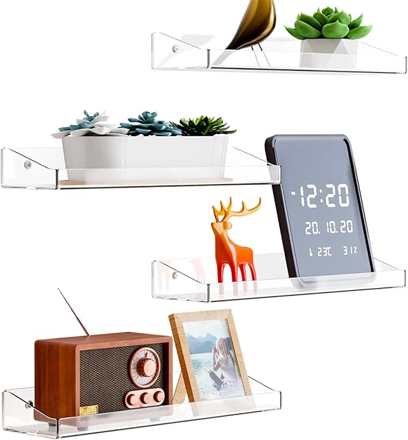 Yieach 4 Pack Acrylic Shelves for Bathroom Wall with Adhesive,No Drilling Floating Shelves,Room Decor,15" Wall Shelf Organizer for Lego,Action,Figure,Collectibles,Makeup,Perfume,Invisible Bookshelf