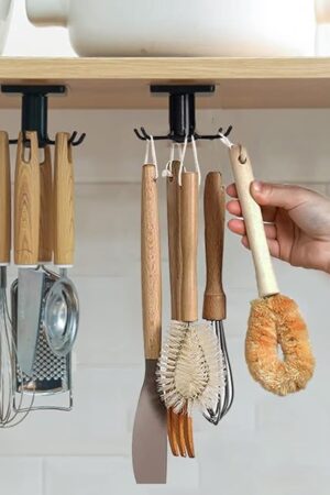 2pcs Under Cabinet Kitchen Utensils Hooks, 360 °Rotation Utility Hooks,Under Cabinet Adhesive Kitchen Hanging Storage Rack for Kitchen Utensils Tools(Black)