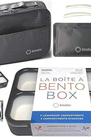 Bento Lunch Box with Bag and Ice Pack Set | Bento Box Adult Lunch Box | 3 Compartment Boxes, Insulated Bags for Work School | Containers for Teens Adults Boys Kids Lunches | Grey Black Large Kit