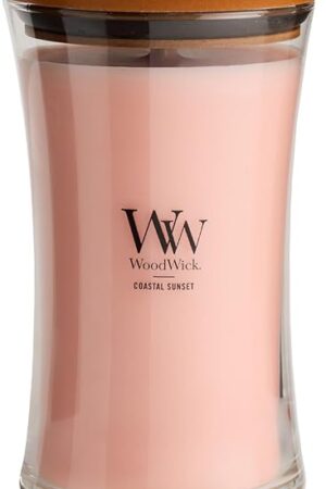 WoodWick Large Hourglass Candle Coastal Sunset Scent Crackles as it burns Premium Soy Blend Wax 21oz Perfect for gifting