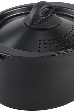 Bialetti 5.5-Quart Nonstick Aluminum Pasta Pot with Strainer Lid and Handles, PFOA-Free Nonstick Oval Cooking Pot and Lid, Black