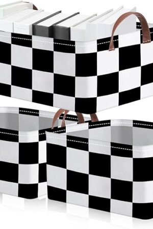 Boao 3 Pcs Checkered Basket Checkered Storage Bin with Handles Gingham Storage Bin Square Tote Laundry Basket Canvas Foldable Box for Home Office Bedroom Bathroom Clothes Cars(Black)