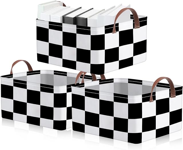 Boao 3 Pcs Checkered Basket Checkered Storage Bin with Handles Gingham Storage Bin Square Tote Laundry Basket Canvas Foldable Box for Home Office Bedroom Bathroom Clothes Cars(Black)