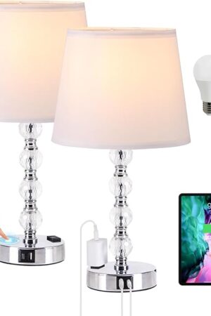 ANIU Touch Control Table Lamps Set of 2, USB Charging Ports, Includes 2 LED Bulbs, Beige Fabric Shades (White)