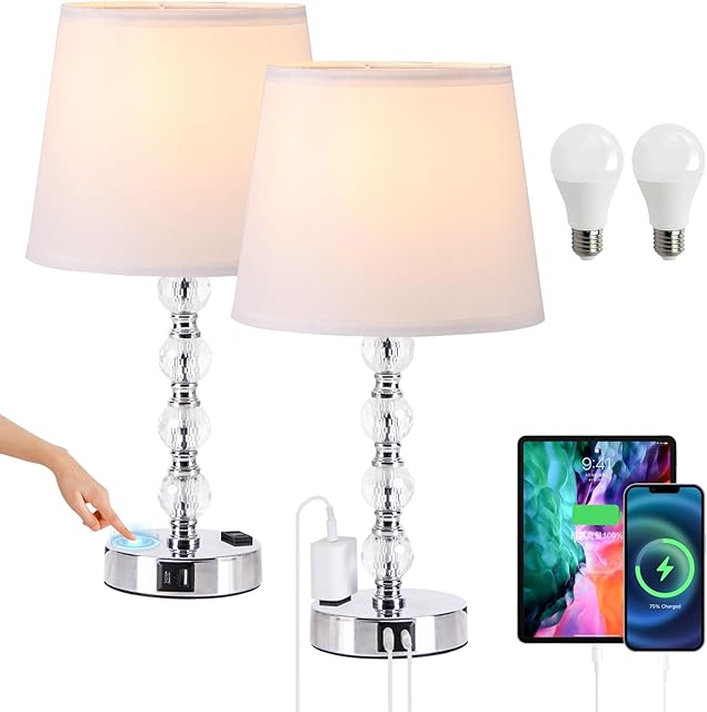 ANIU Touch Control Table Lamps Set of 2, USB Charging Ports, Includes 2 LED Bulbs, Beige Fabric Shades (White)