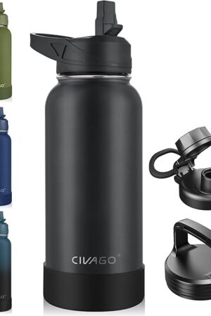 CIVAGO 32 oz Stainless Steel Insulated Water Bottle Sports Water Cup Flask with 3 Lids, Black