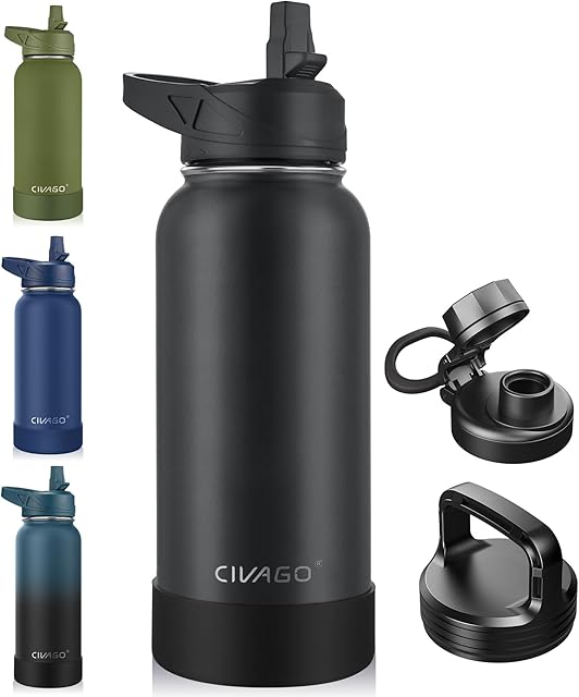 CIVAGO 32 oz Stainless Steel Insulated Water Bottle Sports Water Cup Flask with 3 Lids, Black