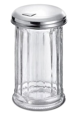 12 Oz Glass Sugar Dispenser with Pour Spout and Stainless Steel Flip Lid - Durable, Classic Style Conveniently Sized Multifunctional Sugar Container for Coffee Bar, Suitable for Seasoning, Cinnamon