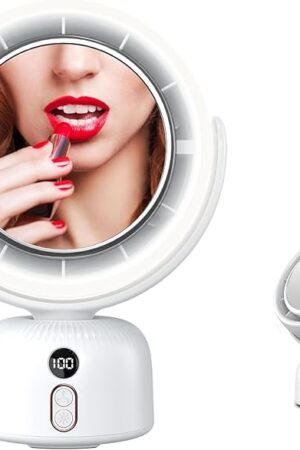6000mah Rechargeable table Fan, Portable Fan with LED Makeup Mirror 5-Speed Quiet Cooling Fan|3 Level Dimming led vanity mirror with light fan | USB-Powered For Home/Office/Kitchen (White)