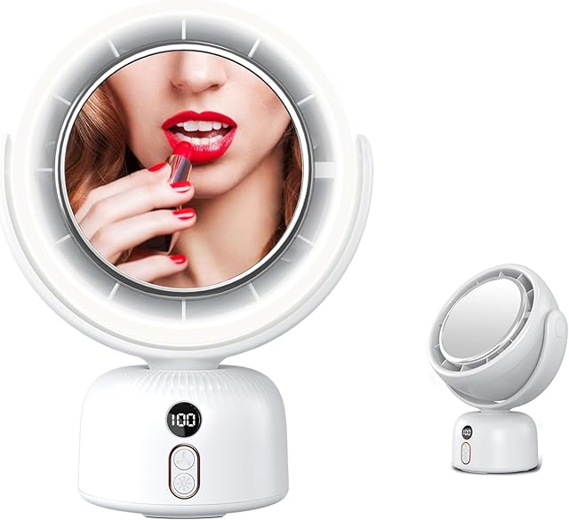 6000mah Rechargeable table Fan, Portable Fan with LED Makeup Mirror 5-Speed Quiet Cooling Fan|3 Level Dimming led vanity mirror with light fan | USB-Powered For Home/Office/Kitchen (White)