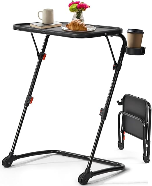 FurnitureR Adjustable Folding TV Tray Table with 4 Height & 3 Tilt Angle, Foldable Laptop Table Dinner Trays Snack Table with Cup Holder for Bed & Sofa, No Assembly Required, Black