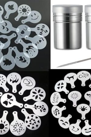 44 Cookie Stencils+2 Mesh Powder Shakers+1 Coffee Latte Art Pen, Cake Stencils Coffee Decoration Stencils Coffee Art Templates Coffee Mold Tool for Christmas Thanksgiving Cake Coffee