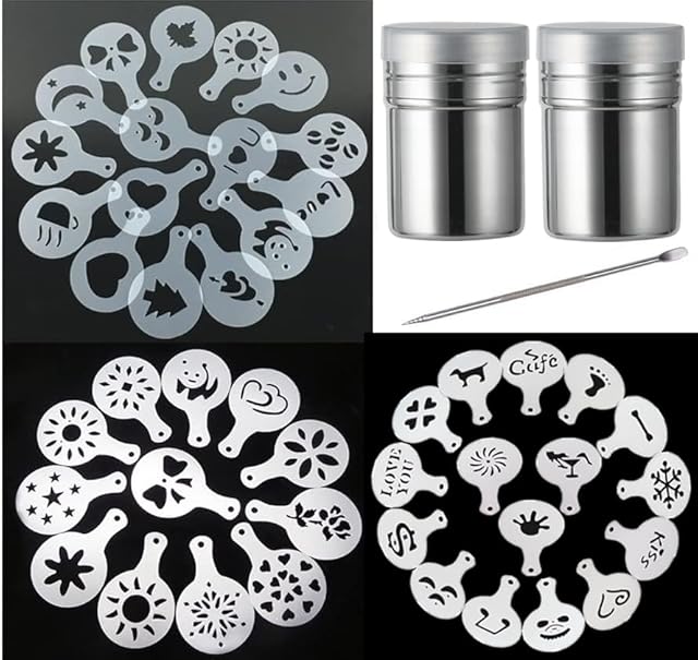 44 Cookie Stencils+2 Mesh Powder Shakers+1 Coffee Latte Art Pen, Cake Stencils Coffee Decoration Stencils Coffee Art Templates Coffee Mold Tool for Christmas Thanksgiving Cake Coffee