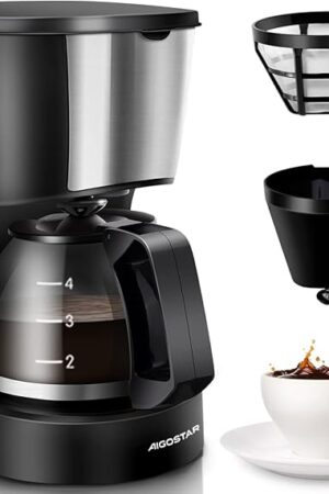 Aigostar Buck - Coffee Makers, 4 Cup Coffee Maker with Coffee Filter and Glass Carafe, Small Drip Coffee Machines with Stainless Steel Decoration for Home, Travel & Office, Black