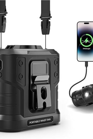 10000mAh Portable Waist Fan Rechargeable, 5 Speeds 16000RPM Brushless Motor Strong Airflow, Hands-Free Wearable Cooling Personal Shirt Belt Fan for Outdoor Jobsite, Camping, Travel