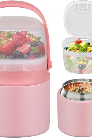 2 - in - 1 Soup Thermo for Hot Food 14oz with Snack Box Container Leak Proof Insulated Lunch Container Kids and Adults Stainless Steel Double Wall Vacuum Wide-mouth Thermal with Spoon and Handle