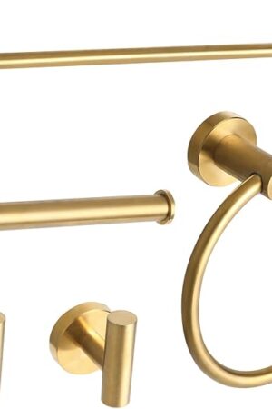 Brushed Gold Bathroom Hardware Accessories Set 5 Piece, Stainless Steel Bath Towel Bar Set 24 Inch,Toilet Paper Holder,Towel Ring Holder,Towel Rack Set,Gold Bathroom Accessories Kit