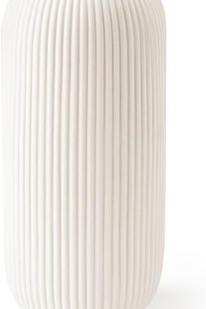 White Ceramic Vase for Flowers, 8 INCH Modern Small Ribbed Textured White Flower Vase for Home Decor, Pampas Grass, Decorative, Farmhouse, Coffee Table, Bookshelf and Home Living