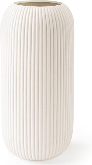 White Ceramic Vase for Flowers, 8 INCH Modern Small Ribbed Textured White Flower Vase for Home Decor, Pampas Grass, Decorative, Farmhouse, Coffee Table, Bookshelf and Home Living