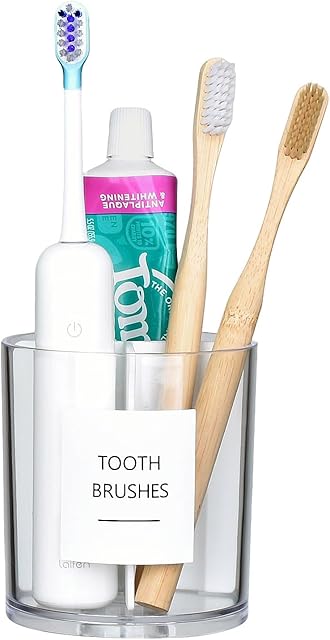 Acrylic Toothbush Hoder with White Divider for Bathroom Decor, Thick Clear Plastic Electronic Toothbrush and Toothpaste Organizer Stand for Bathroom Vanity Countertops, Bathroom Essentials Accessories