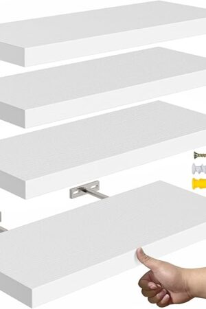 16’’White Floating Shelves for Wall,Rustic Wood Shelf for Room Decor/Storage/Display,Small Bookshelf,Wall Mounted Hanging Shelves for Bedroom, Bathroom, Living Room, Kitchen,Set of 4