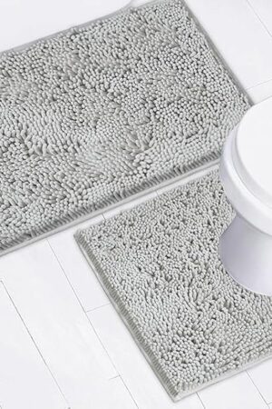 Bathroom Rugs Chenille Bath mat 2 Piece Set, Super Absorbent, Strong PVC Non Slip Backing, Bath mats for Bathroom, Plush Shaggy, Thick, Machine Washable, Bathtub, Toilet.(Light Grey)