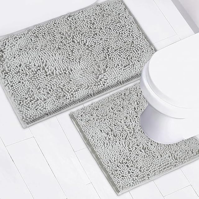 Bathroom Rugs Chenille Bath mat 2 Piece Set, Super Absorbent, Strong PVC Non Slip Backing, Bath mats for Bathroom, Plush Shaggy, Thick, Machine Washable, Bathtub, Toilet.(Light Grey)
