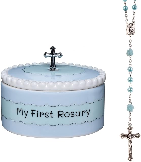 Blue My First Rosary and Keepsake Box, Catholic Baptism Gifts for Boys, Blessed First Communion Gifts for Boys or Girl Christening from Godparents