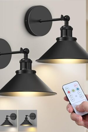 Battery Operated Wall Sconce Set of 2,Vintage Wireless Wall Sconces with Remote,Dimmable Led Wall Lights,Wall Lamp Fixture Indoor Bedroom Living Room Kitchen,LED Bulbs Included,Black