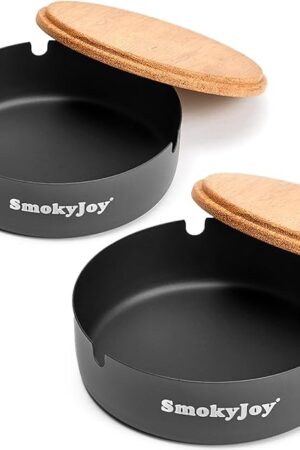 Ashtray with Lid for Outside Patio, 2 Pack Windproof Ash Tray, Black Stainless Steel Smokeless Ashtray for Outdoor Home Office Tabletop Patio Outdoor Balcony, Meidium