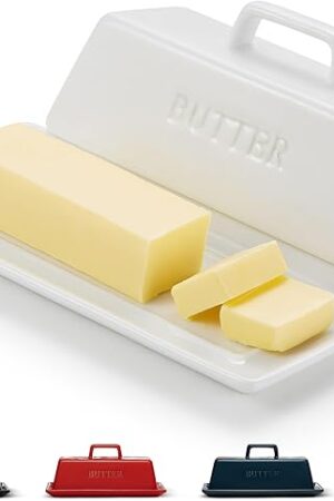 Butter Dish with Lid, by Kook, Butter Dish with Lid for Countertop, Ceramic, Butter Tray, Kitchen Butter Keeper, Butter Container, Butter Holder, Holds 1 Stick, Microwave and Dishwasher Safe, White